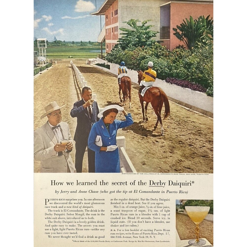 Puerto Rico "Derby Daiquiri Official Drink of El Comandante Racetrack" Ad 1960